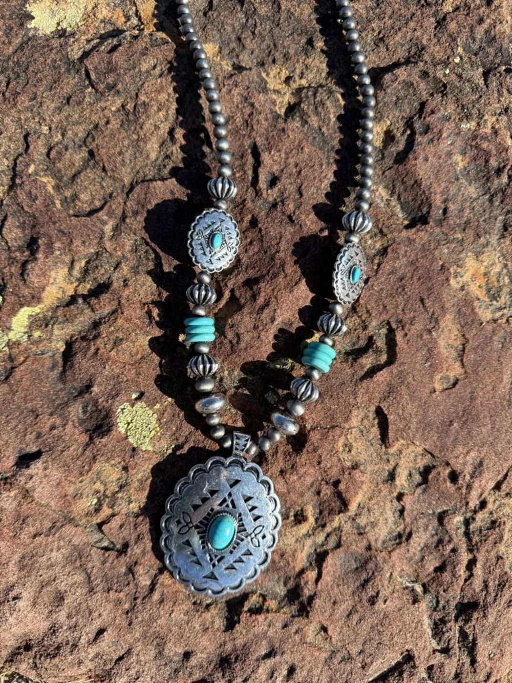 Southwestern Style Turquoise Pendant Necklace + Matching Earrings Set